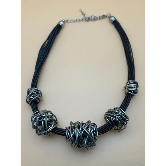 Modern Black Multi-Strand Necklace with Silver Wire-Wrapped Spheres, 17"" Chain - Picture 1 of 3